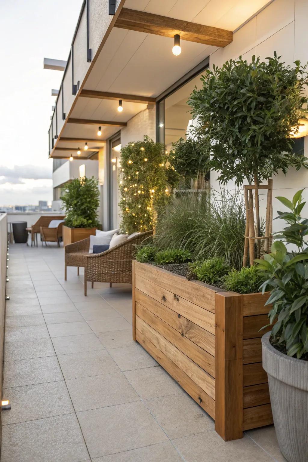 Organic elements like plant life and wood foster a harmonious patio atmosphere.