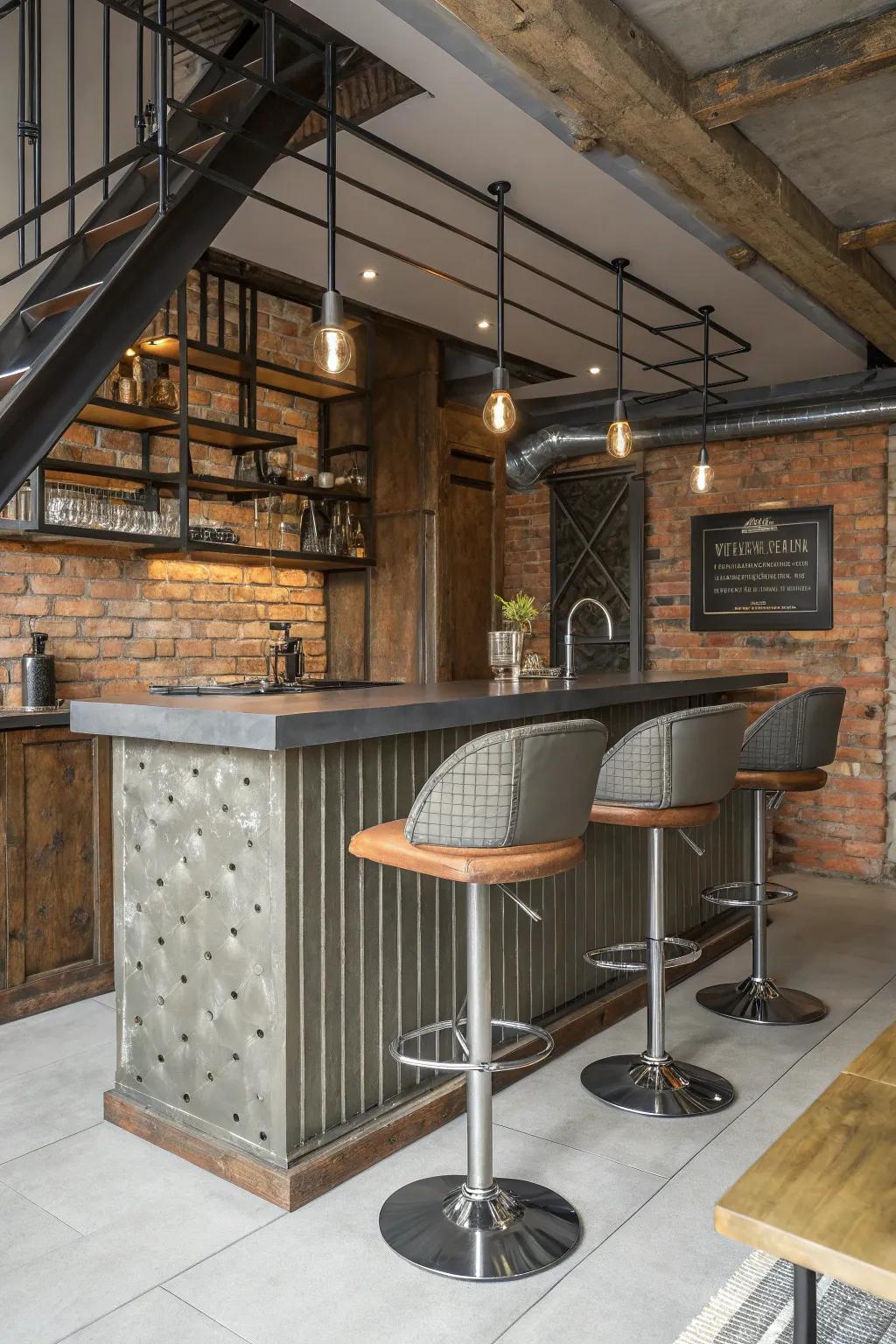 Achieve an urban aesthetic with a factory-inspired bar design.