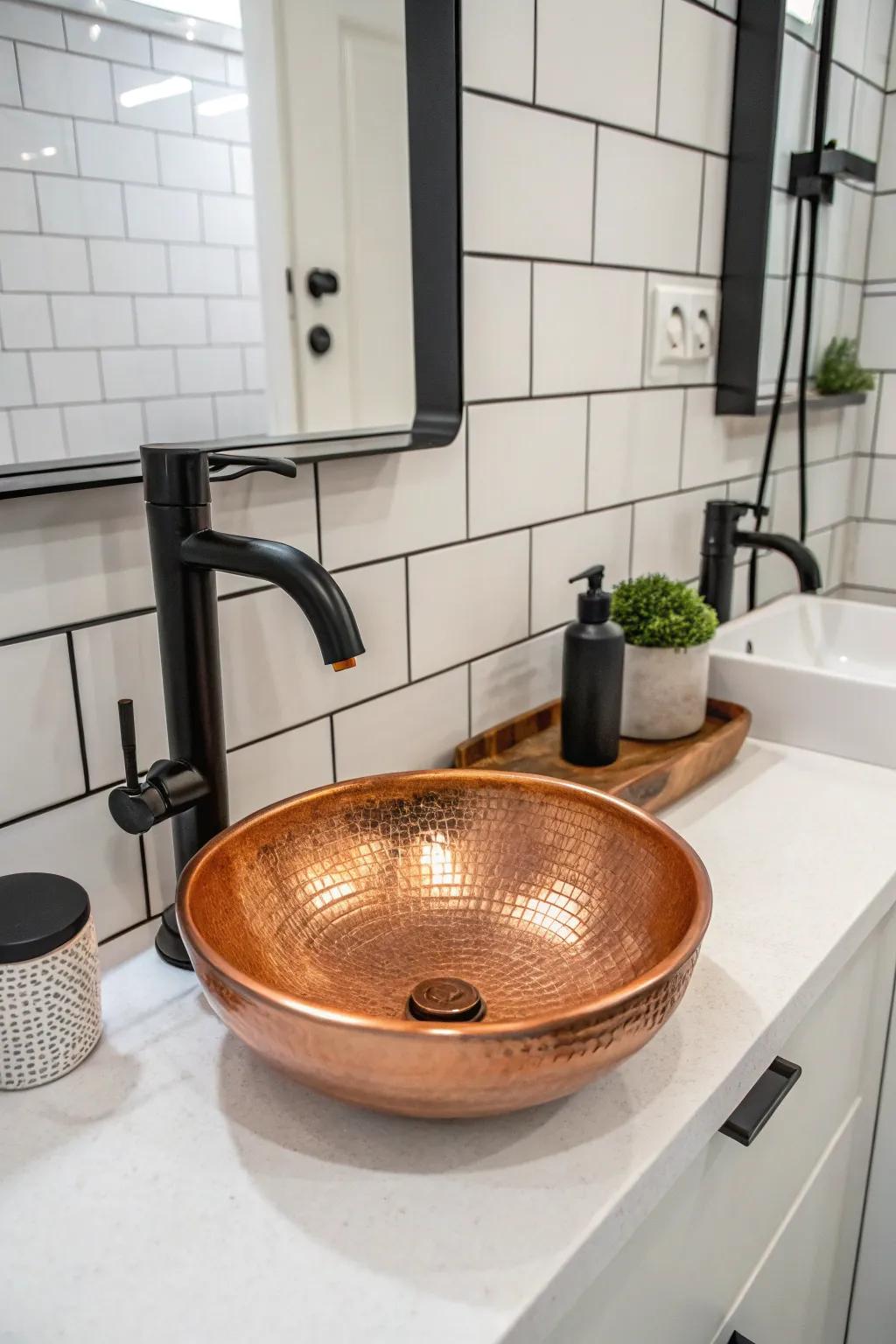 Black fixtures enhance the warm tones of the copper sink, for a modern bathroom vibe.