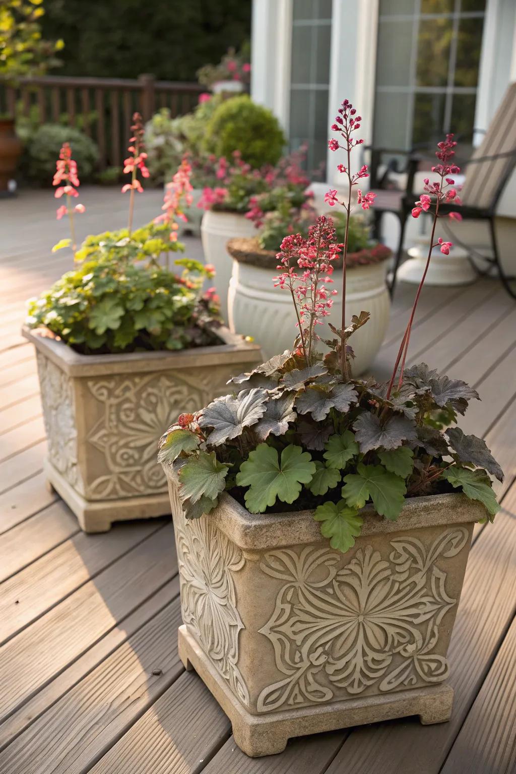 Huecheras infuse lively shades into a patio setting when potted in containers.
