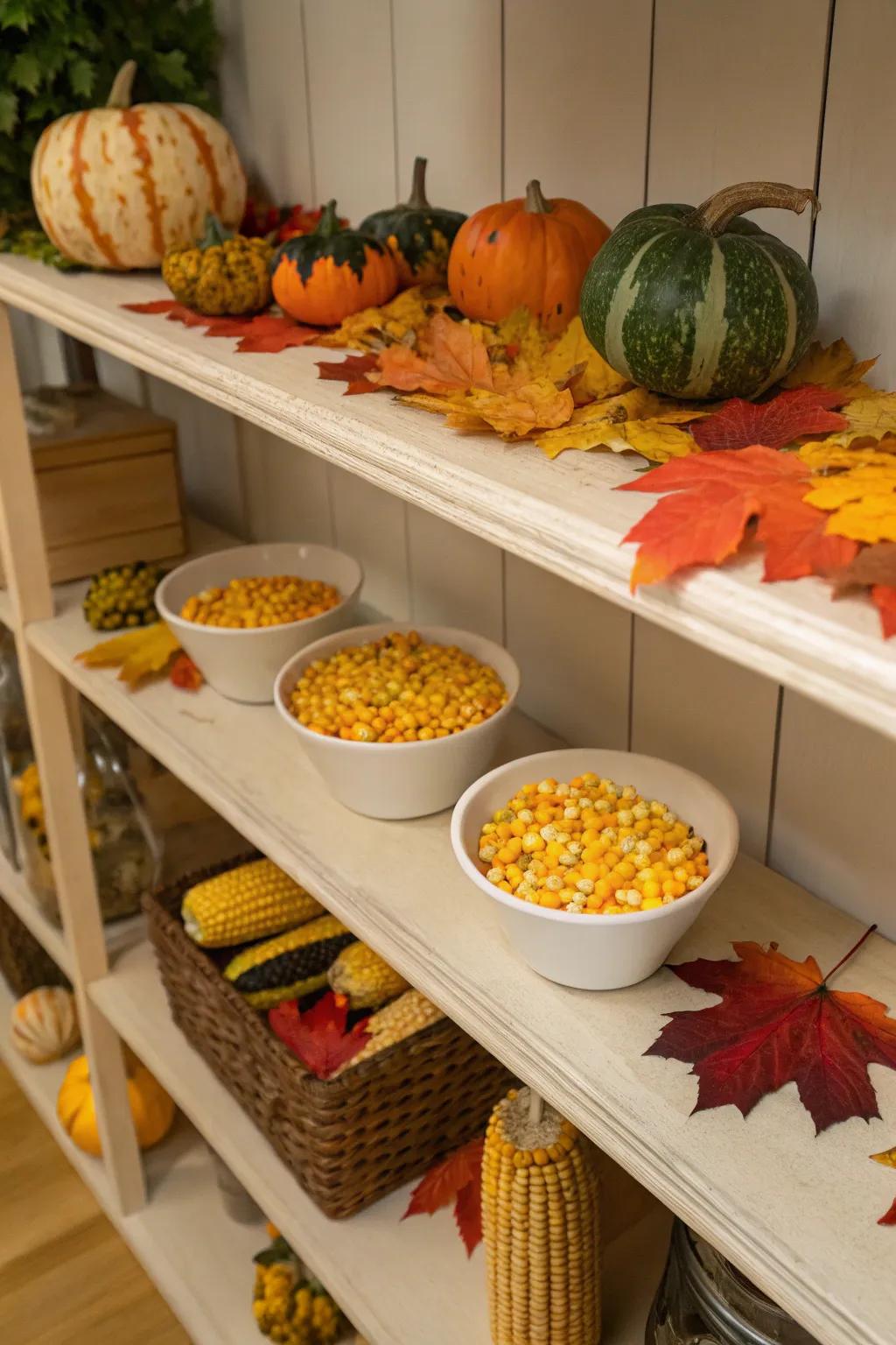 Indoor tiered surface adorned with field maize and gourds.
