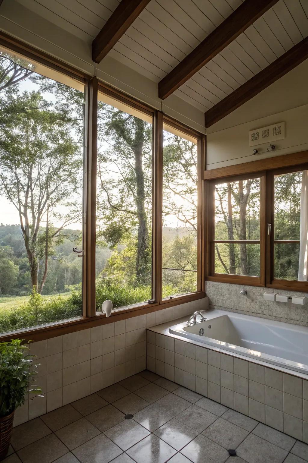 Expansive windows in a bathroom corner flood the space with light.