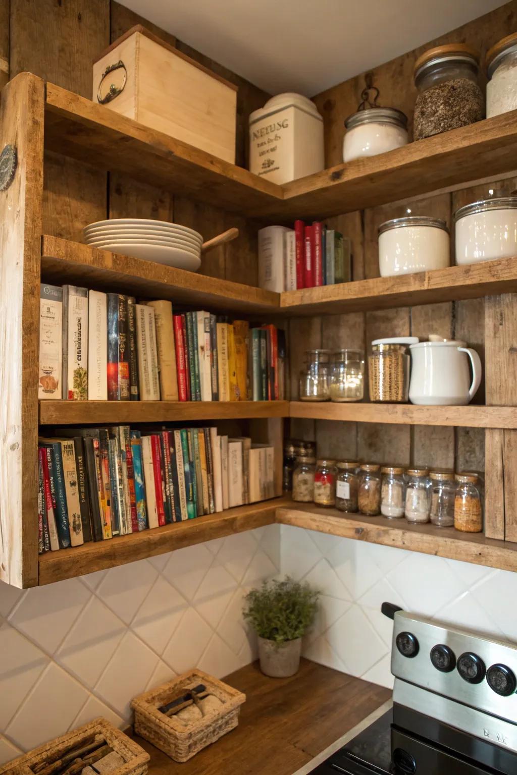 Country-style shelves impart warmth and personality to a space.