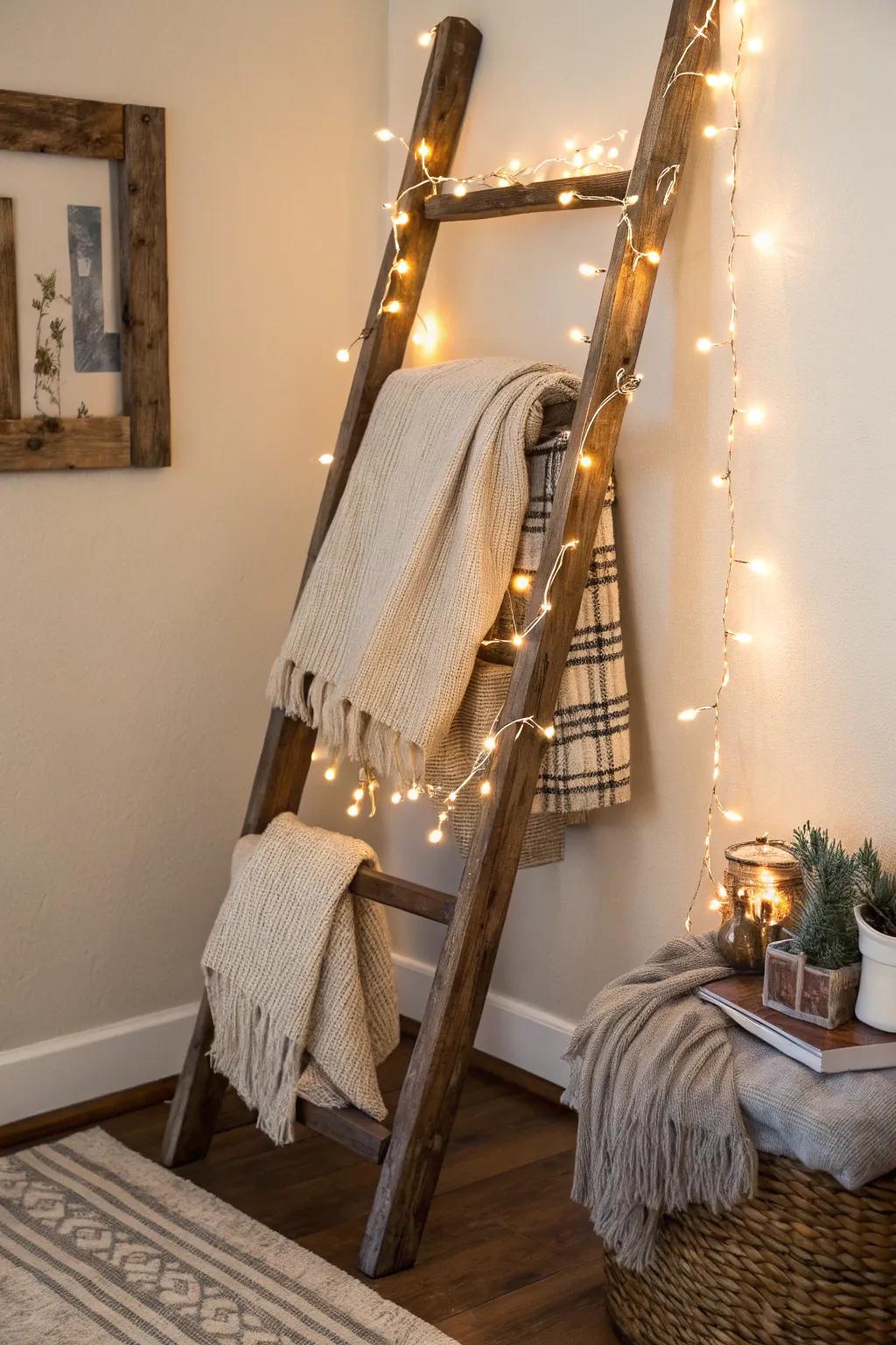 Add charm and functionality by placing a decorative ladder in your corner.