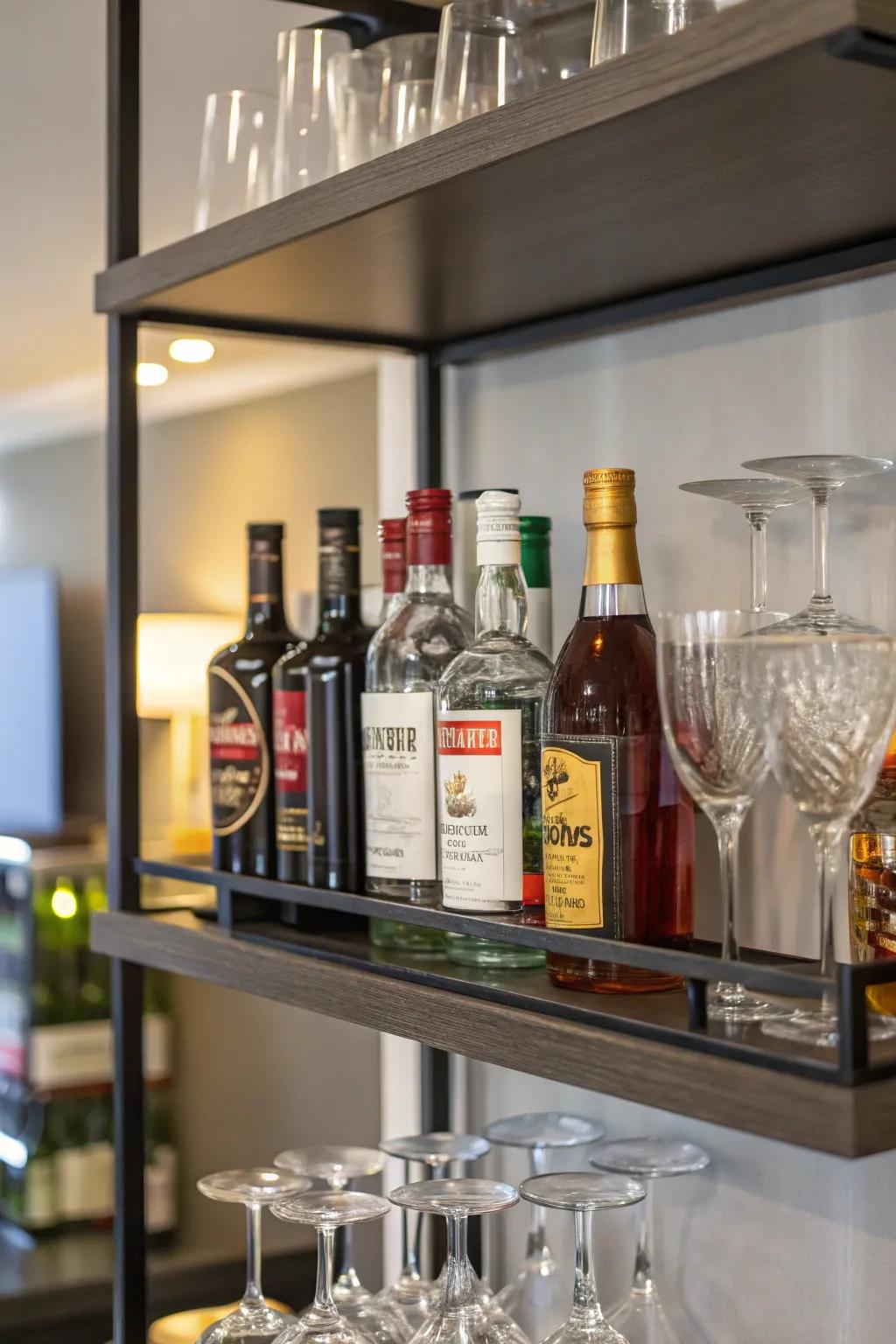 A corner shelf repurposed as a mini bar.