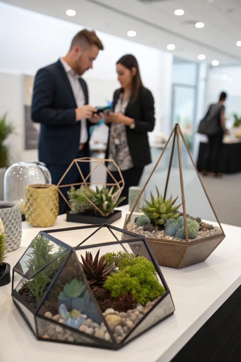 Contemporary geometric centerpieces featured on a corporate setting.