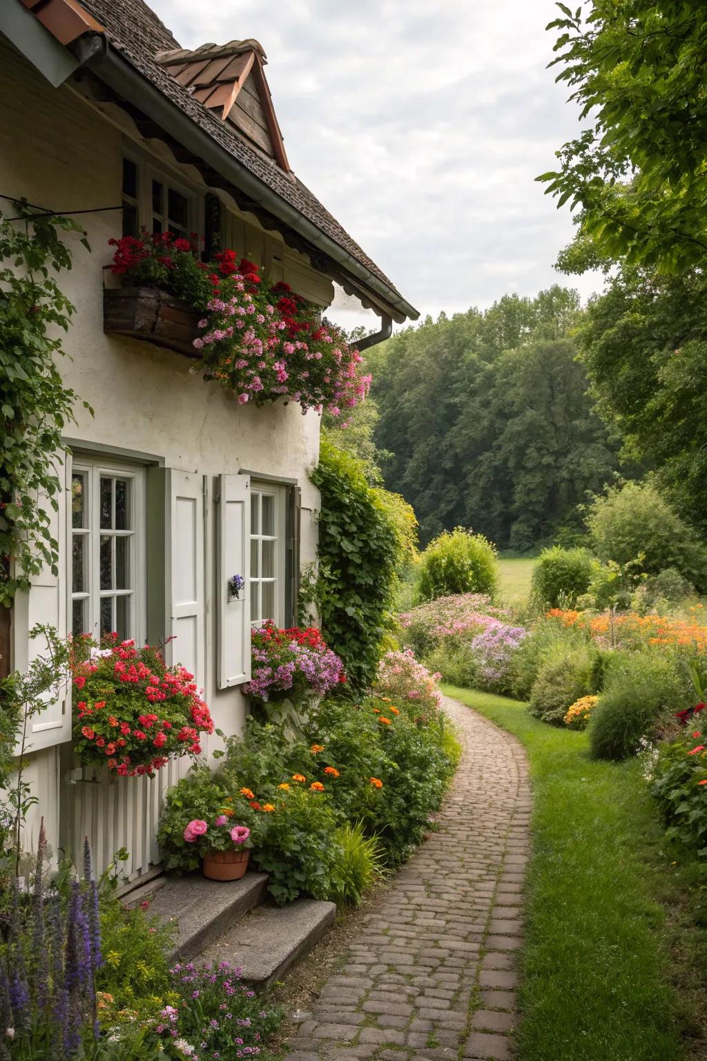 A delightful cottage-style home embraced by a vibrant garden.