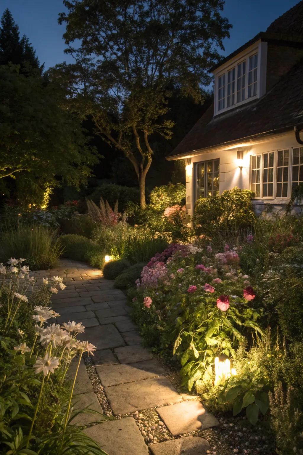 A cottage garden aglow with calculated lighting.