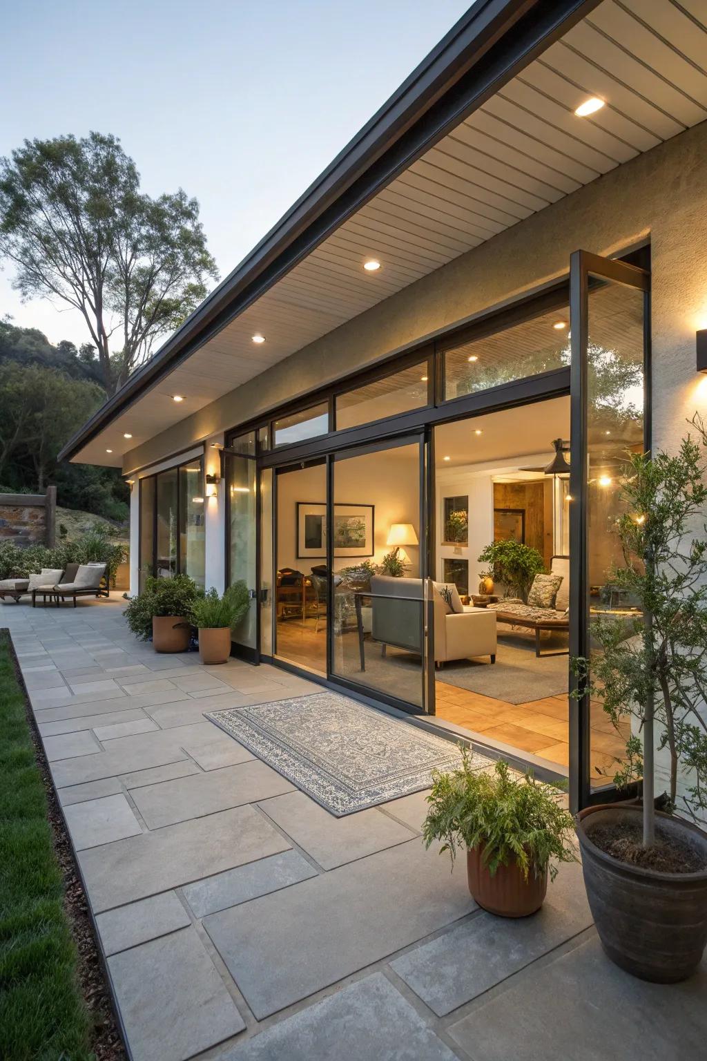 Sliding glass doors integrate indoor and outdoor living perfectly.