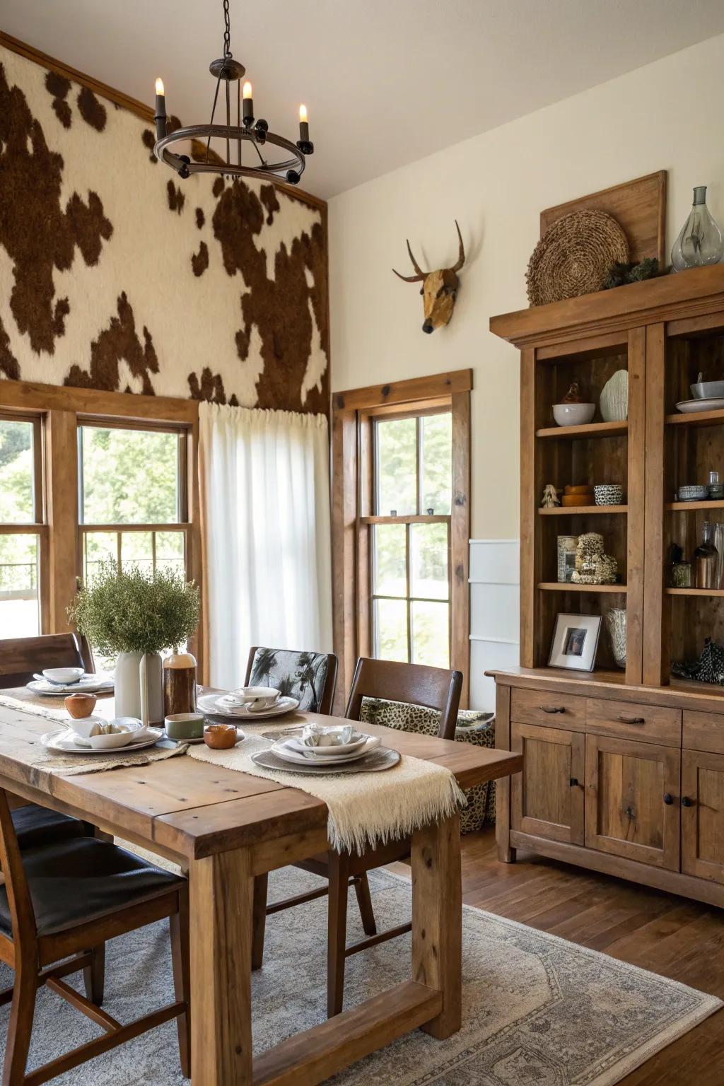 A dining room featuring animal hide decor paired with rustic farmhouse furniture.