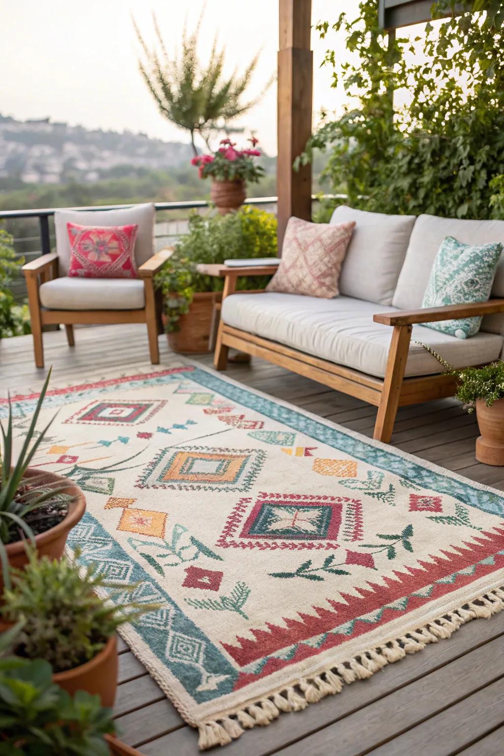 Outdoor carpets enhance comfort and aesthetics.