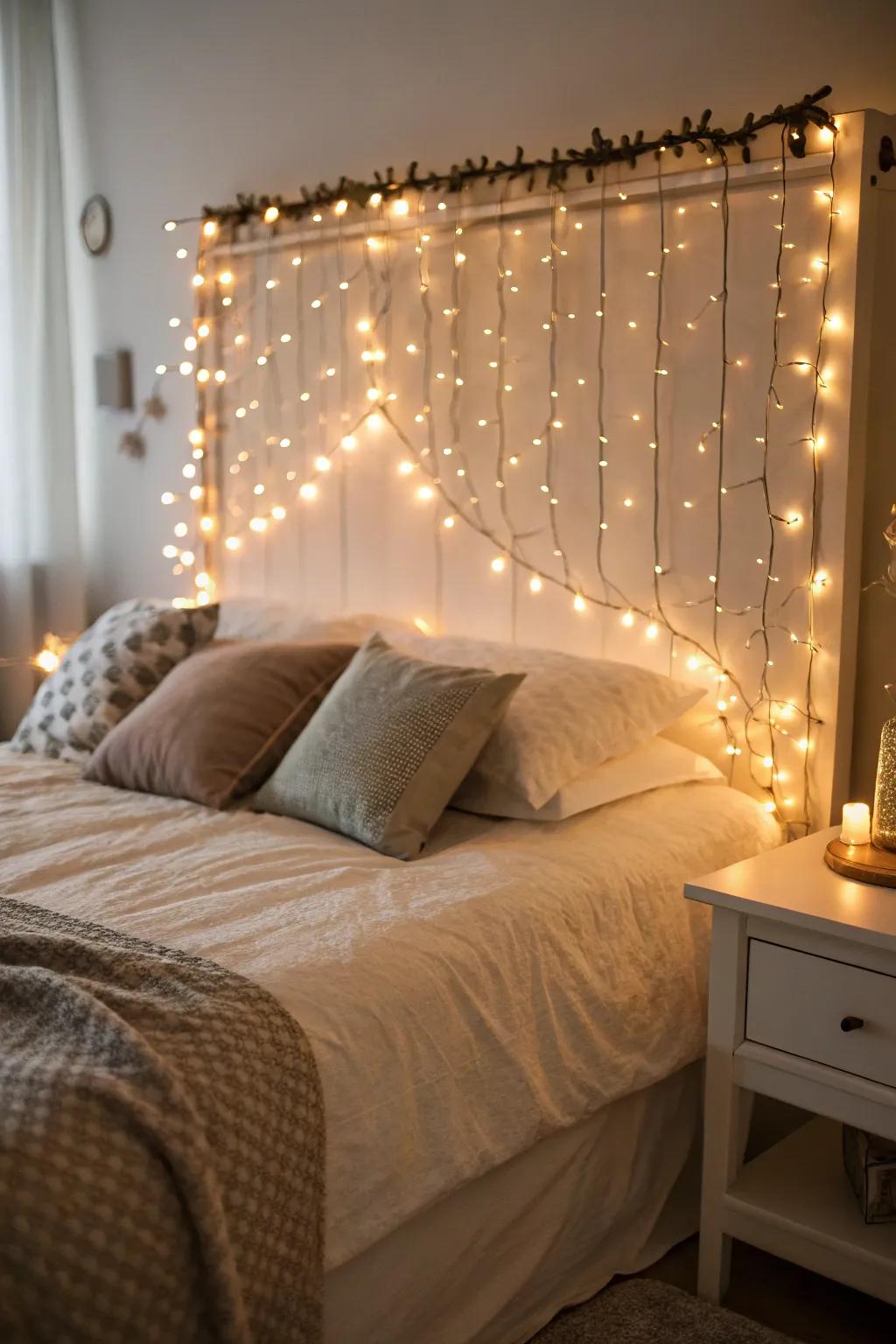 Twinkle lights covering a bed headboard.