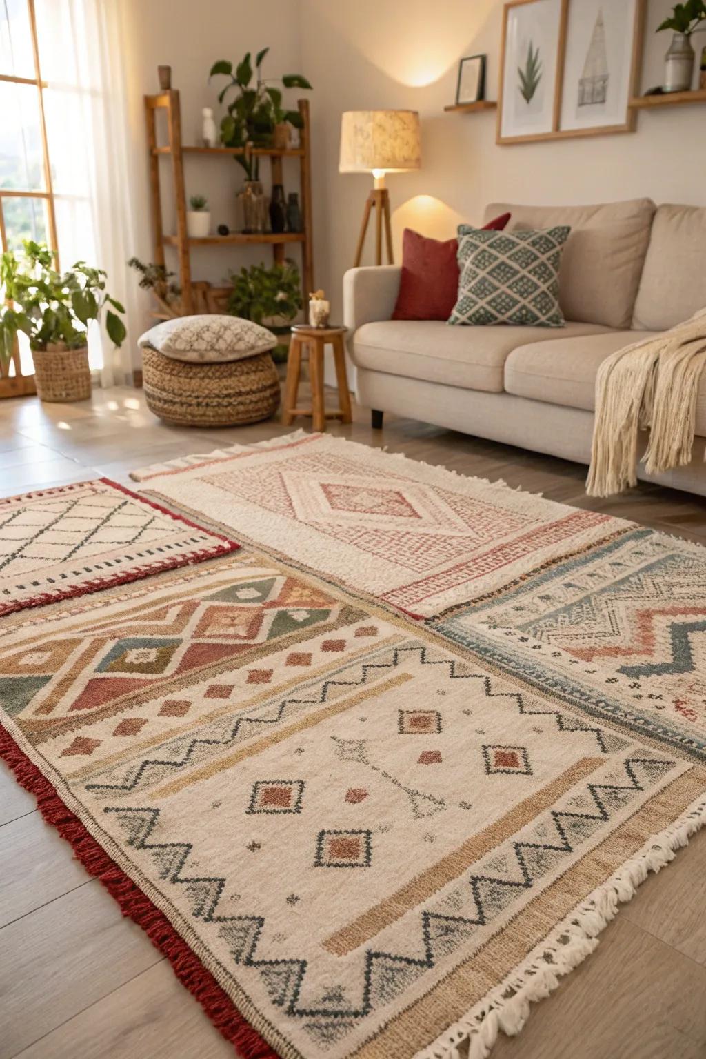 Layered rugs contribute texture and warmth to your flooring.