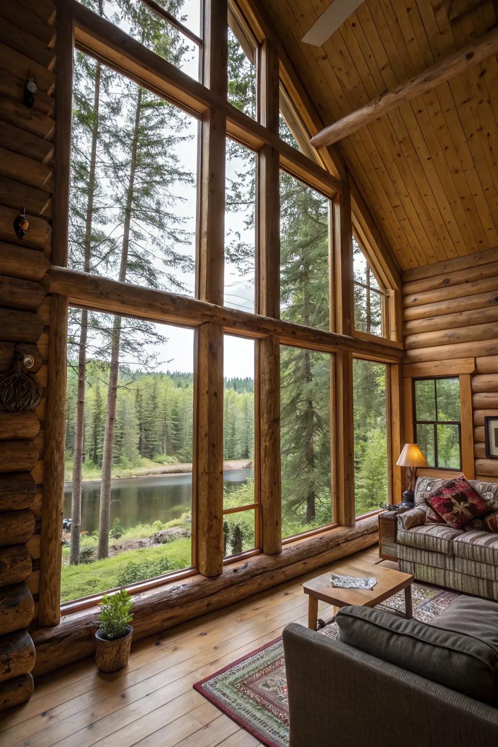 Expansive windows in a log cabin capture striking natural scenery.