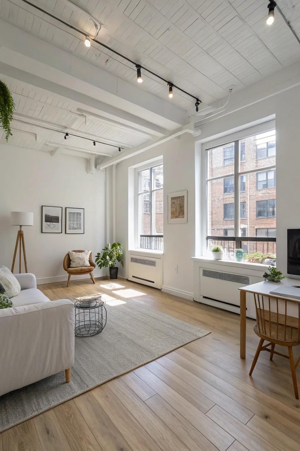 Employing light tones to enhance spaciousness within a studio.