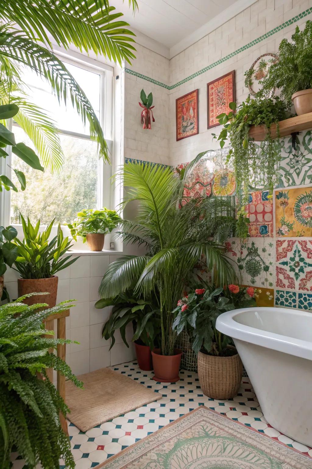 A tropical-themed bathroom abundant with lush greenery.