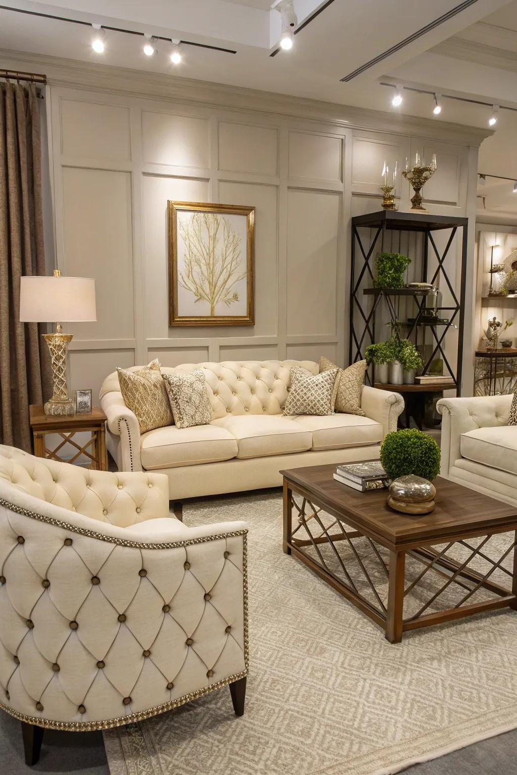 Stylish furniture enhances and complements the elegance of the vanilla sofa.