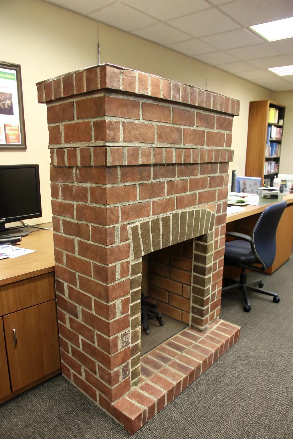 A simulated fireplace adds warmth and comfort to the office decor.