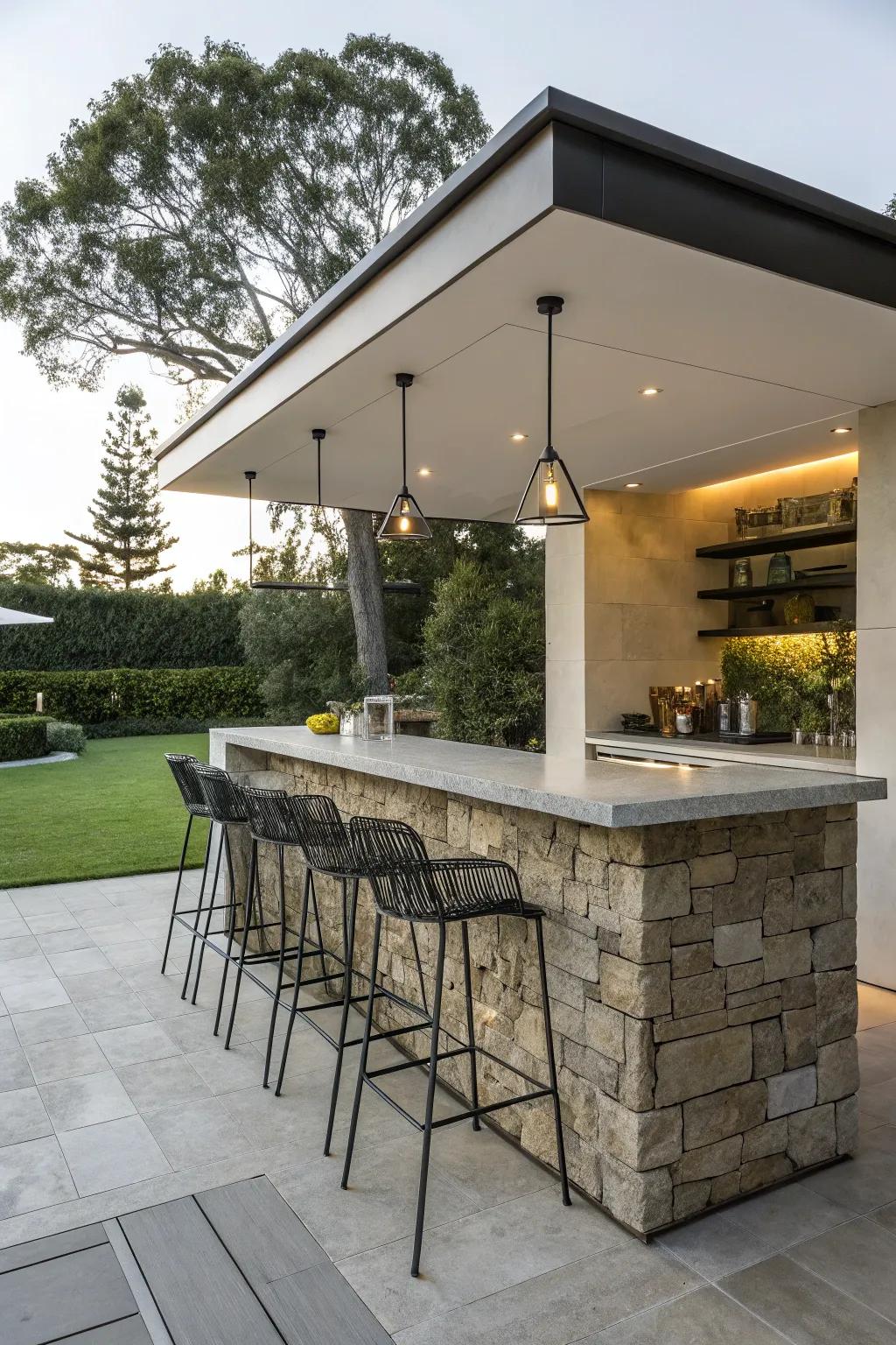 A modern outdoor bar employing various materials.