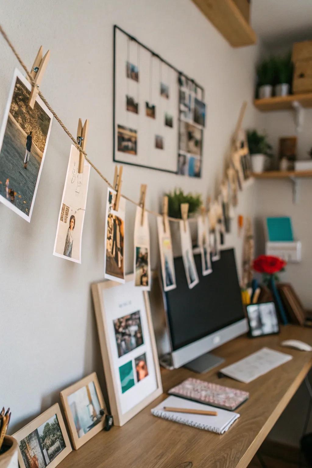 Using string and clips allows for a versatile and casual photo presentation.