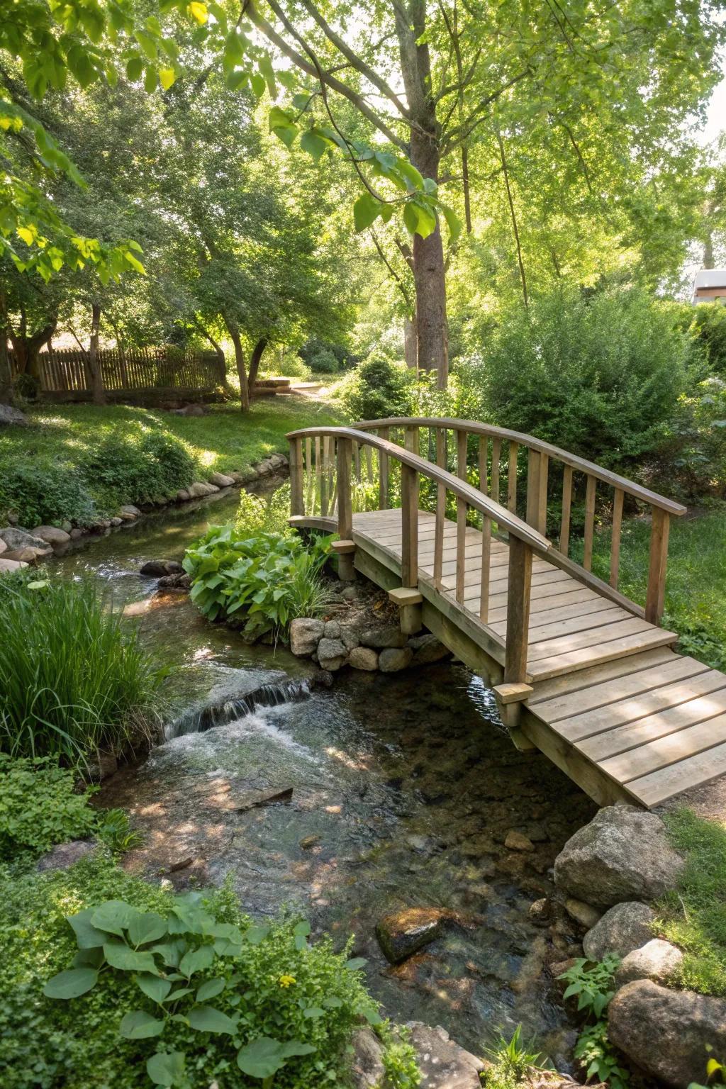 A small footbridge contributes charm and practicality to your creekside landscape.