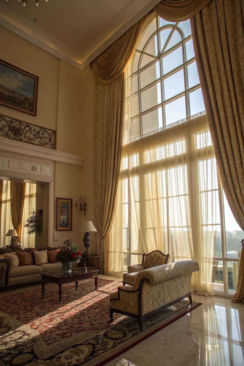Opulent living area featuring an inviting curtain wall.