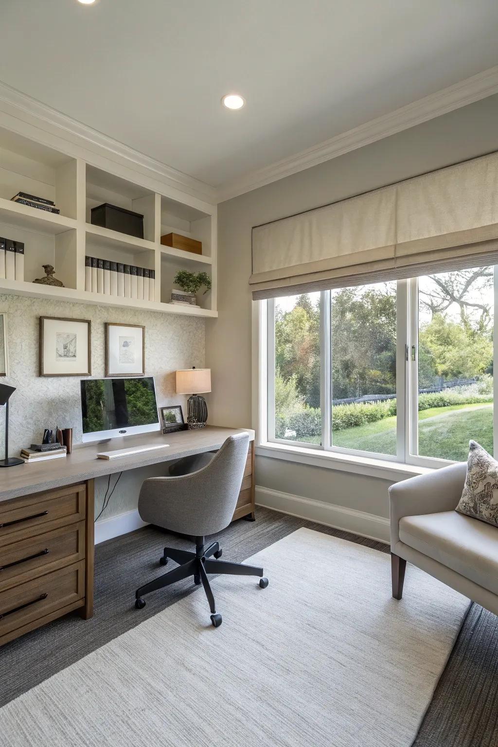Realize a polished look in your home office with even window toppers.