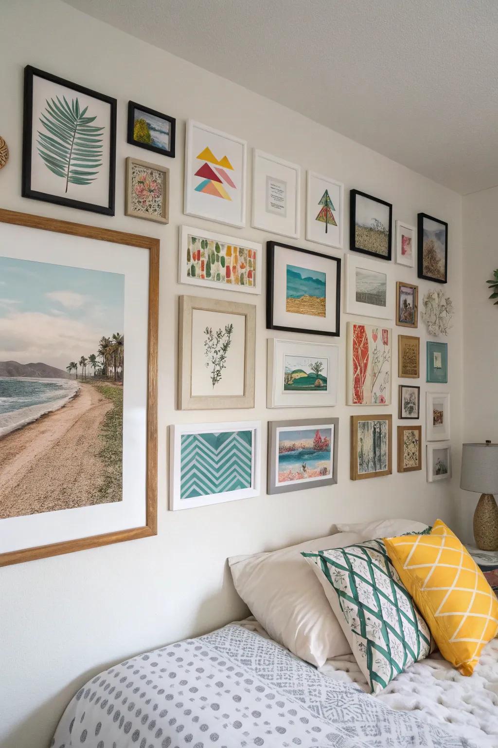 Gallery wall featuring personalized art pieces.
