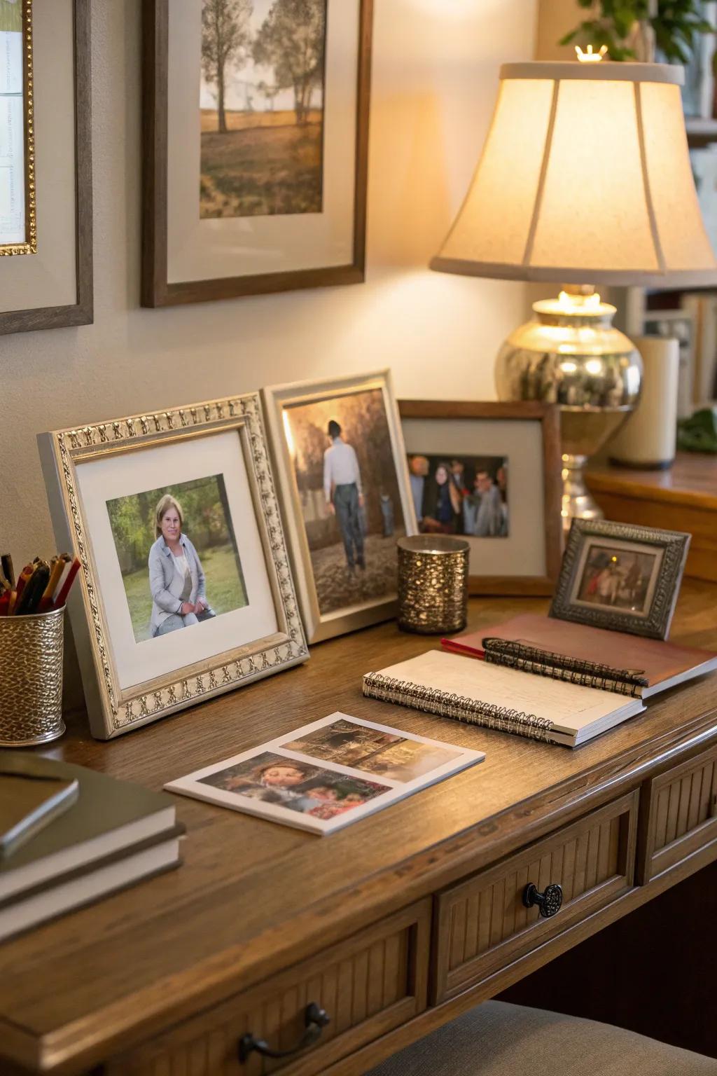 A desk displaying family photos within decorative frames, adding a personal touch.