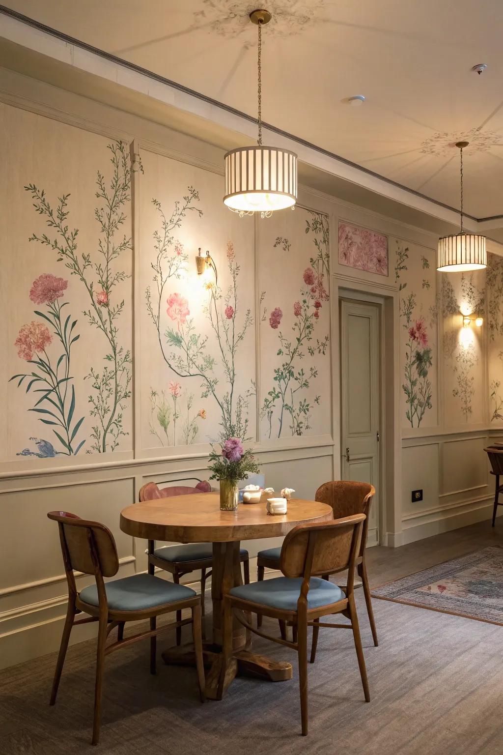 Light florals impart calmness to a dining space.