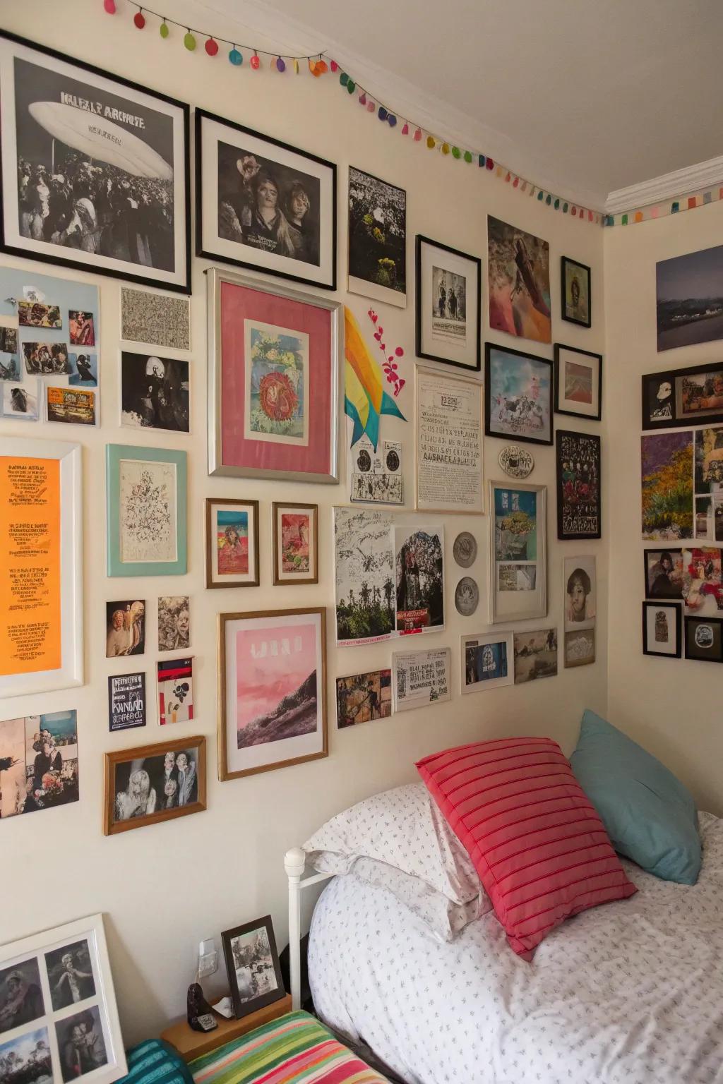 A personalized teen room with artistic wall decor.