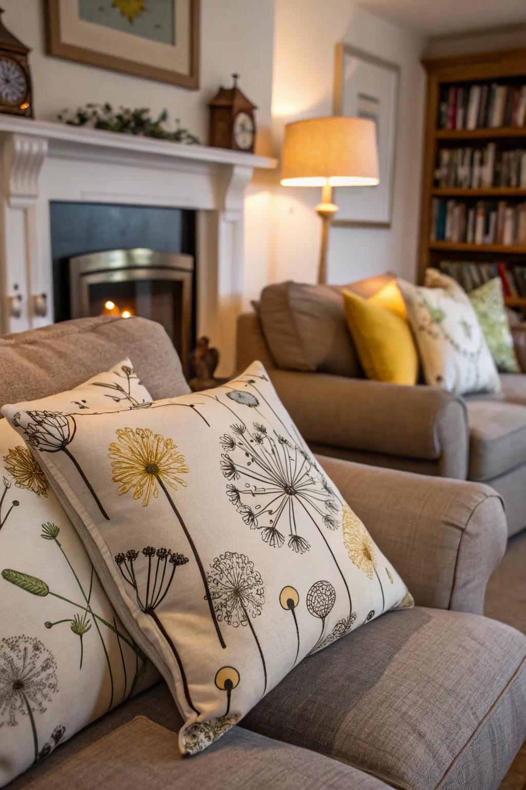 Playful dandelion cushions introduce a lightheartedness to any space.