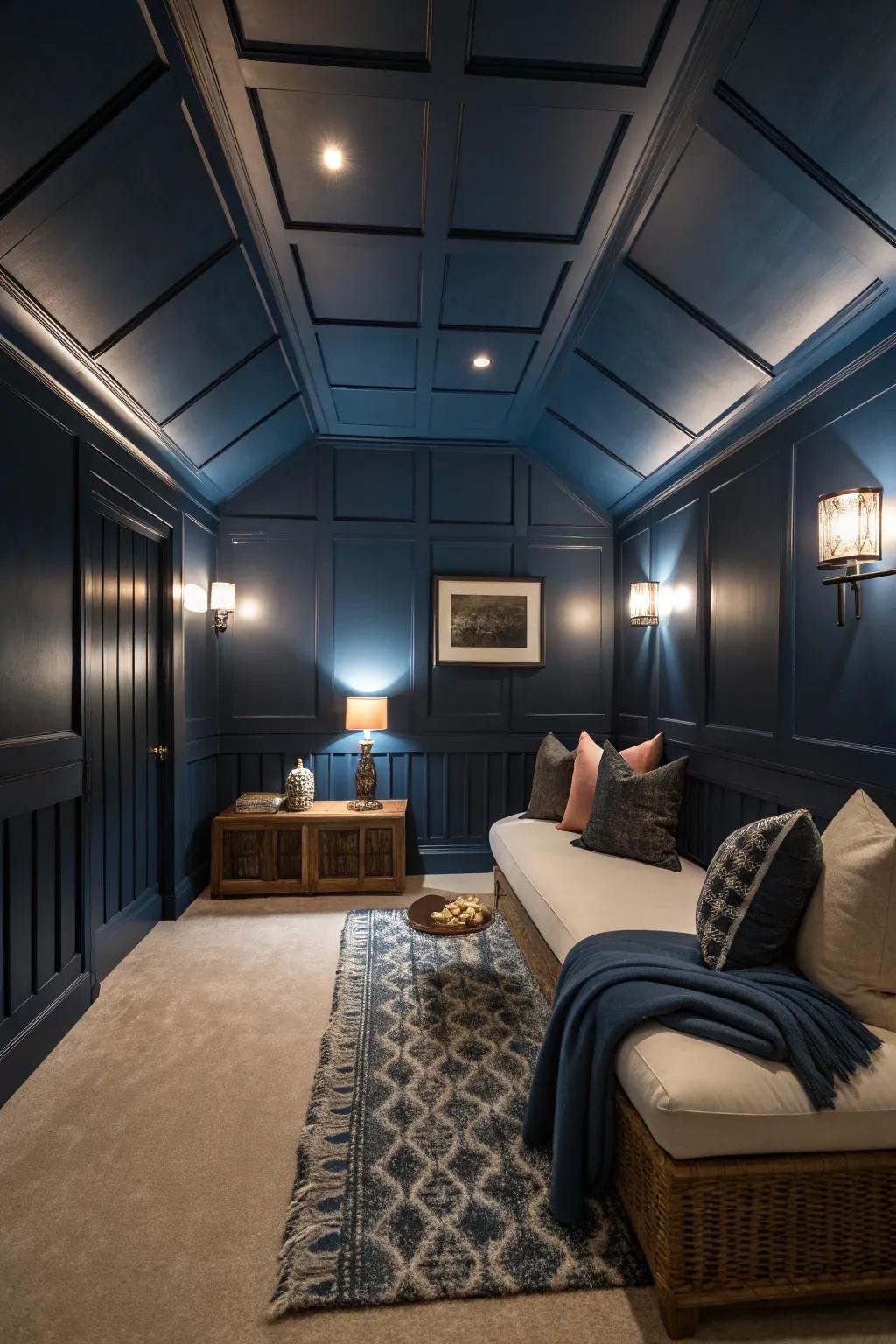 A bold look achieved through a unified dark blue ceiling and walls.