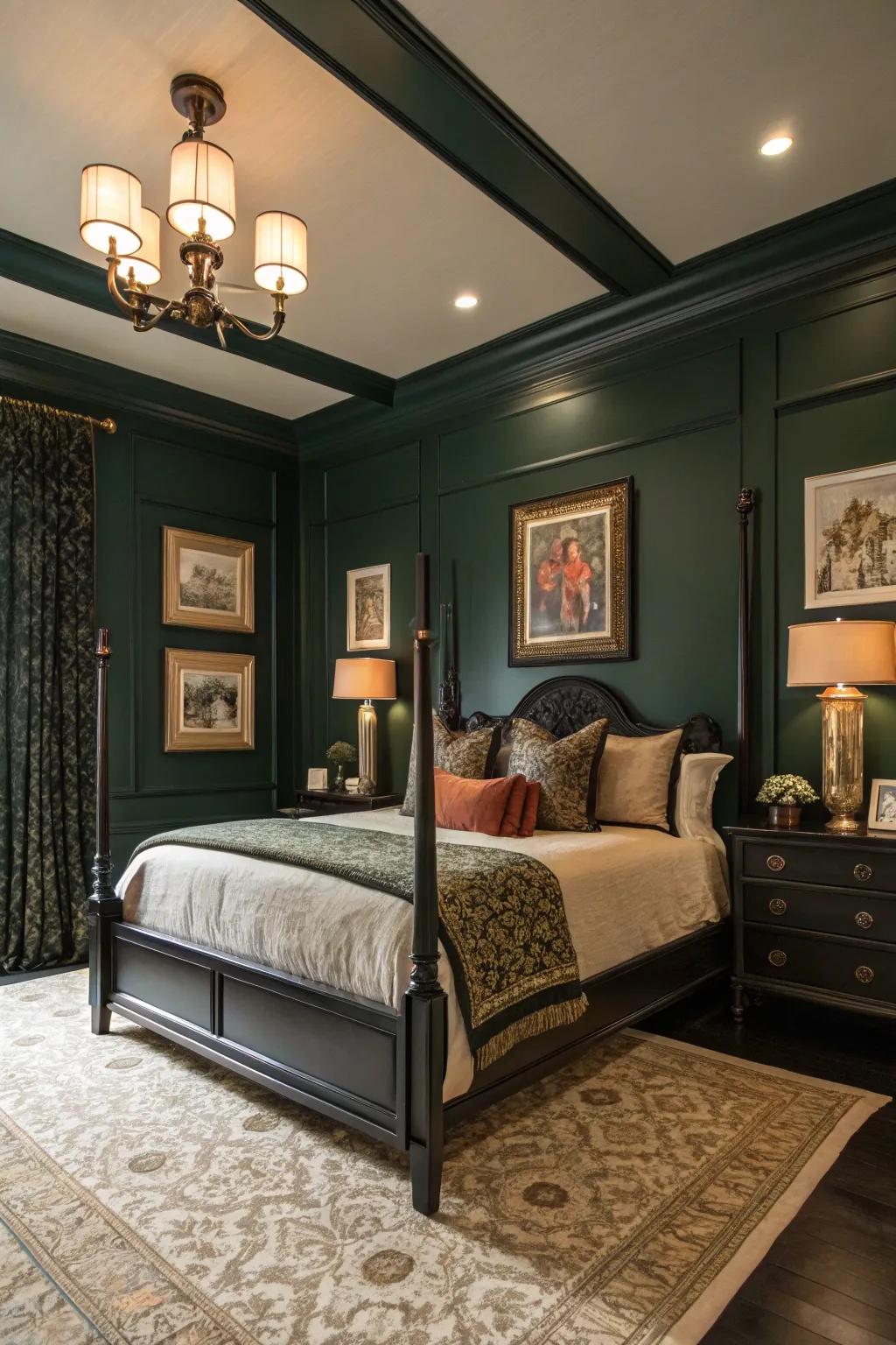 Deep green walls with charcoal trim create a stunning architectural effect.