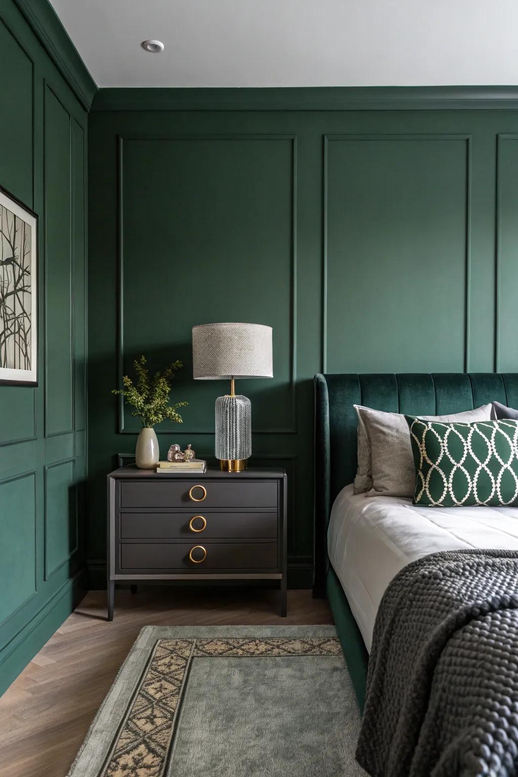 A minimalist dark green bedroom featuring select statement decor pieces.