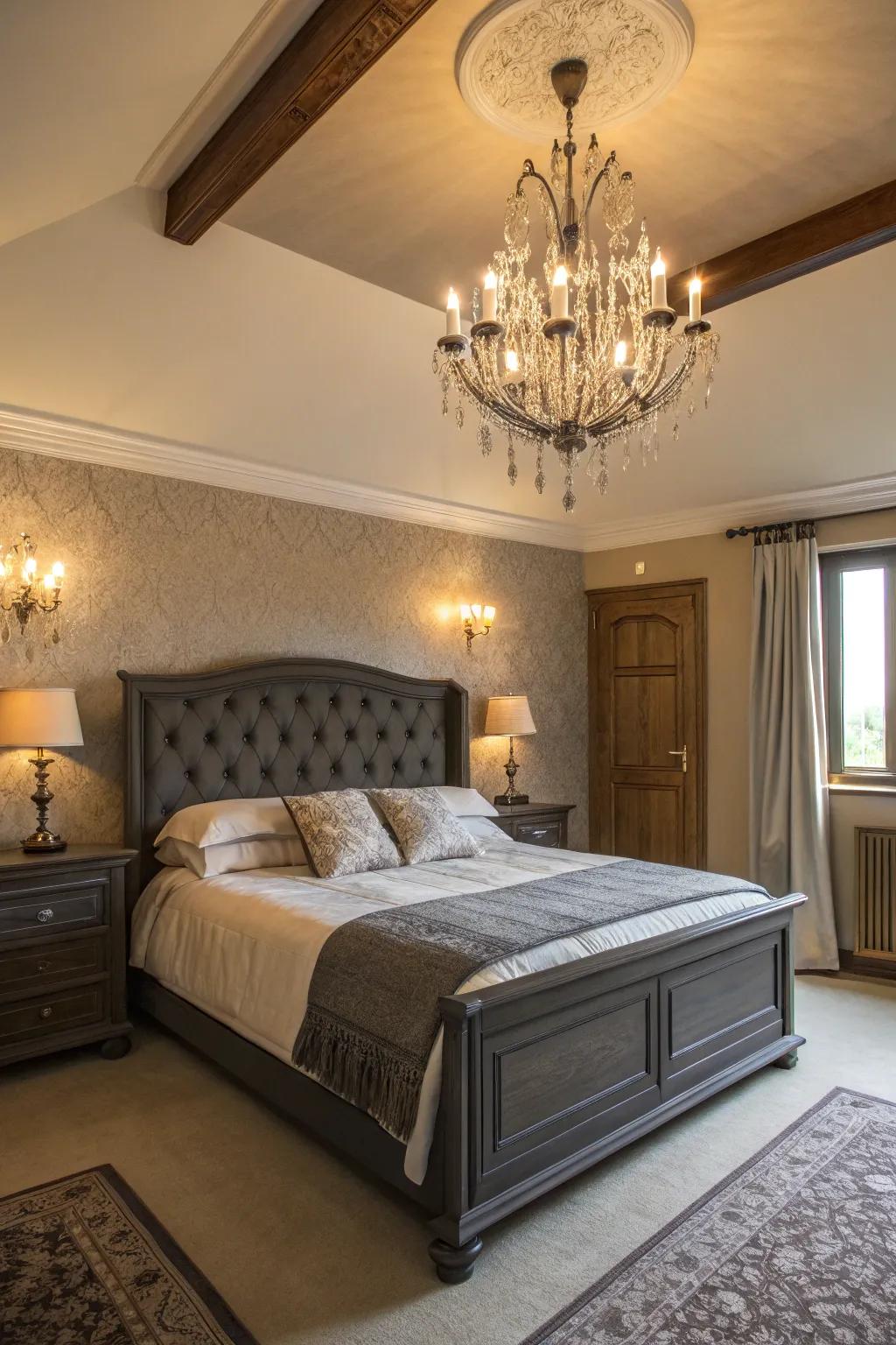 A boudoir spotlighting a shadowy grey bed frame emphasized by stylish illumination.