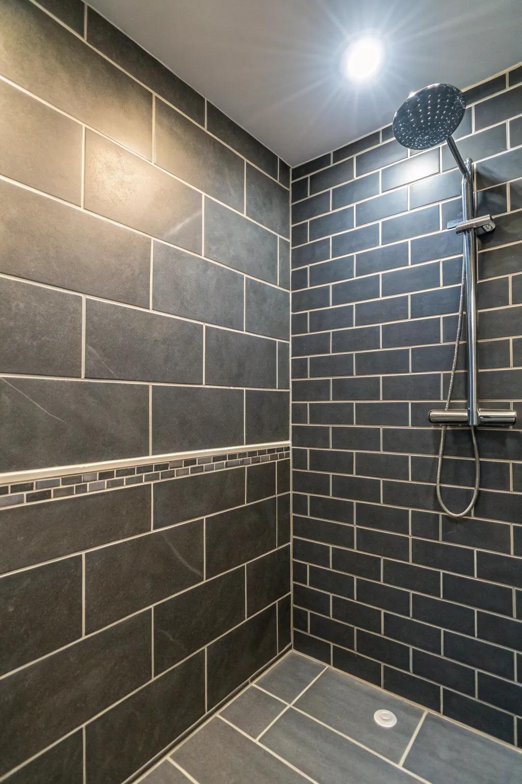 Pale grout highlights the detailed designs of deep charcoal tiles.