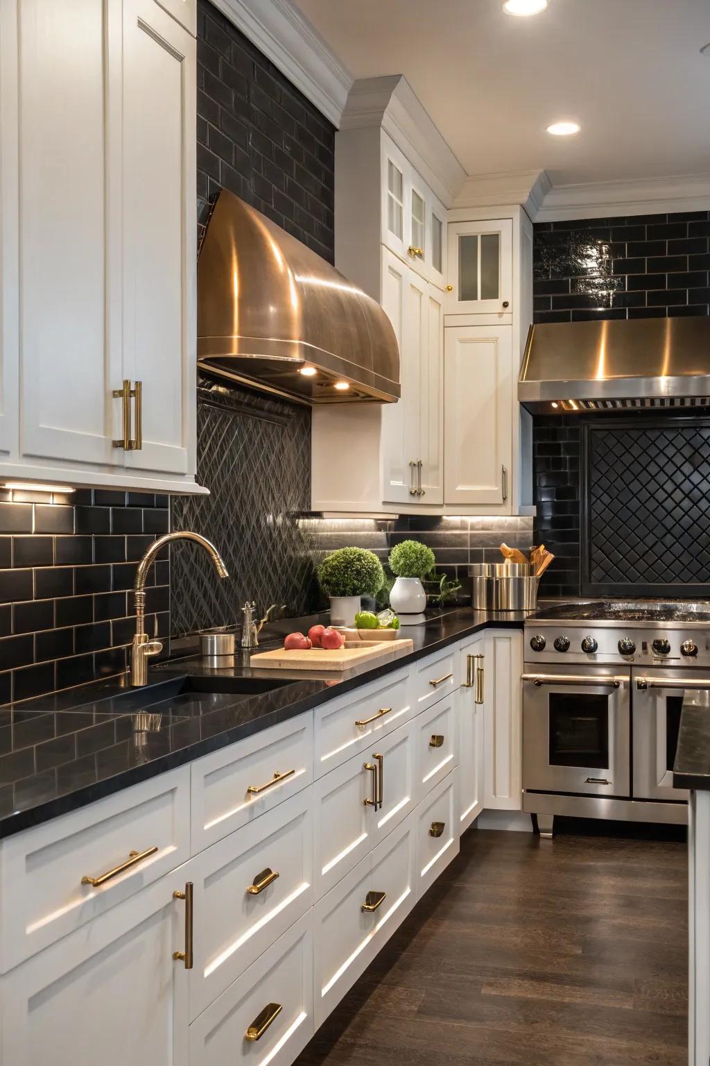 A stylish kitchen featuring a dark backsplash creatively enhanced by glistening metallic accents.