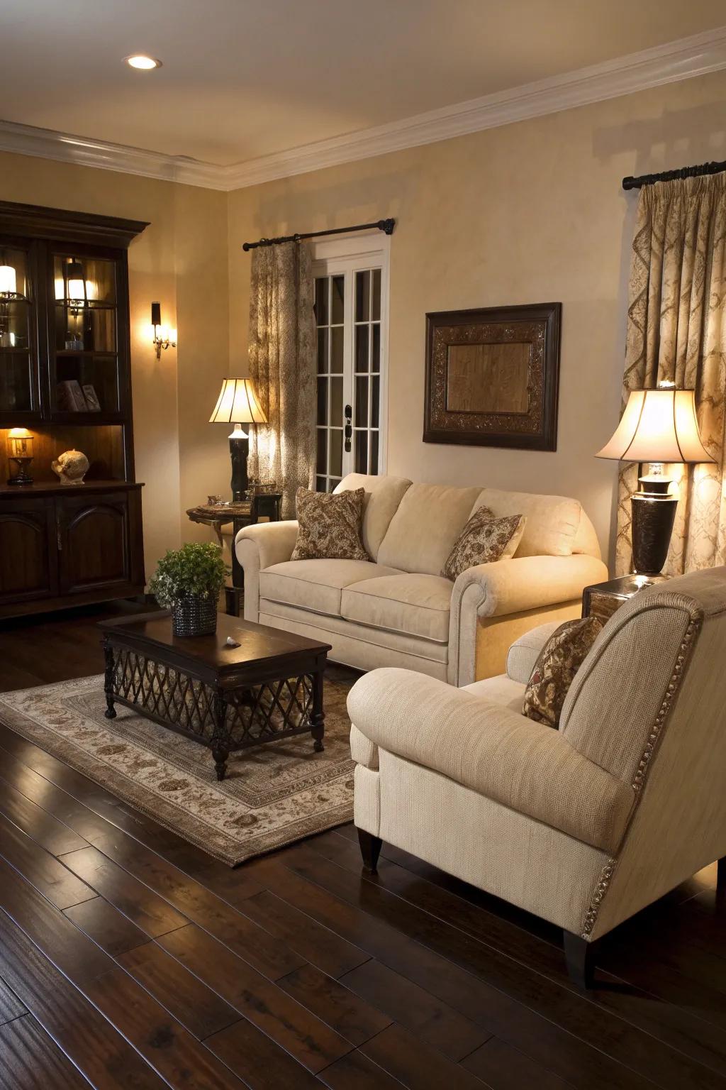 Light furniture beautifully complements the dark wood floors.