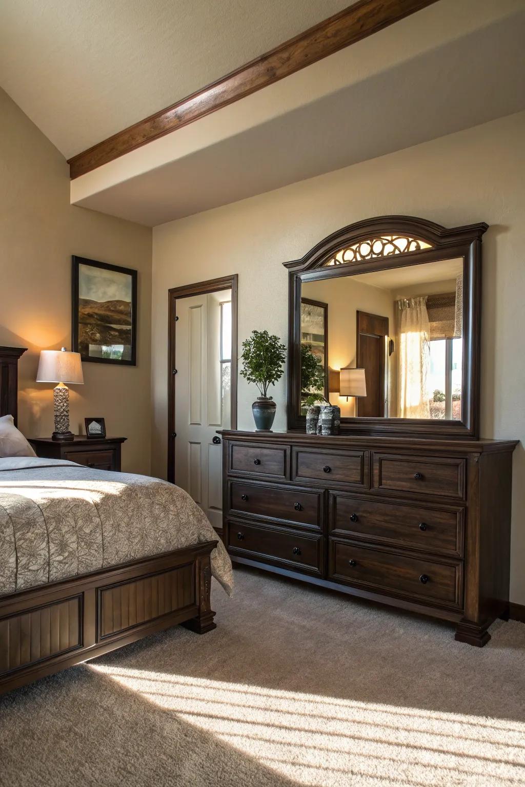 Mirrors boost light and space in areas featuring deep-toned timber.