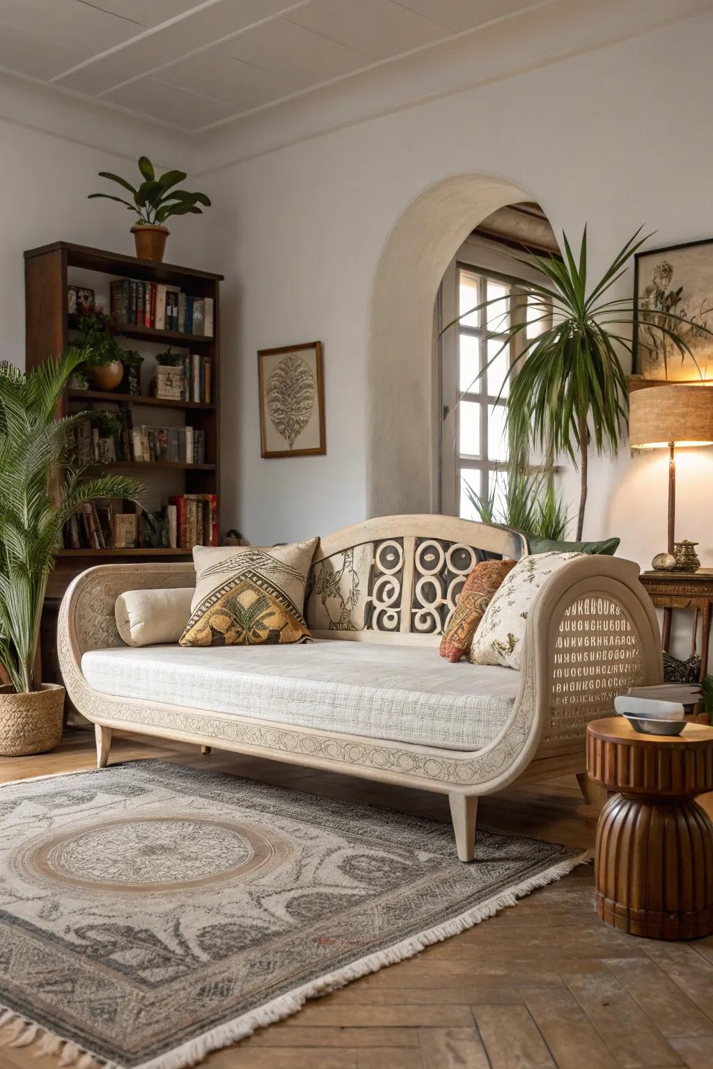 A sculptural daybed enhances the room with artistic flair.