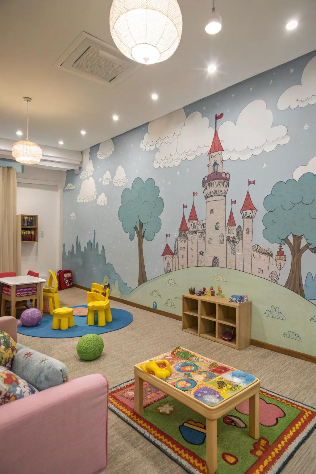 A daycare area changed into a fairy tale with dream-themed wallcovering.