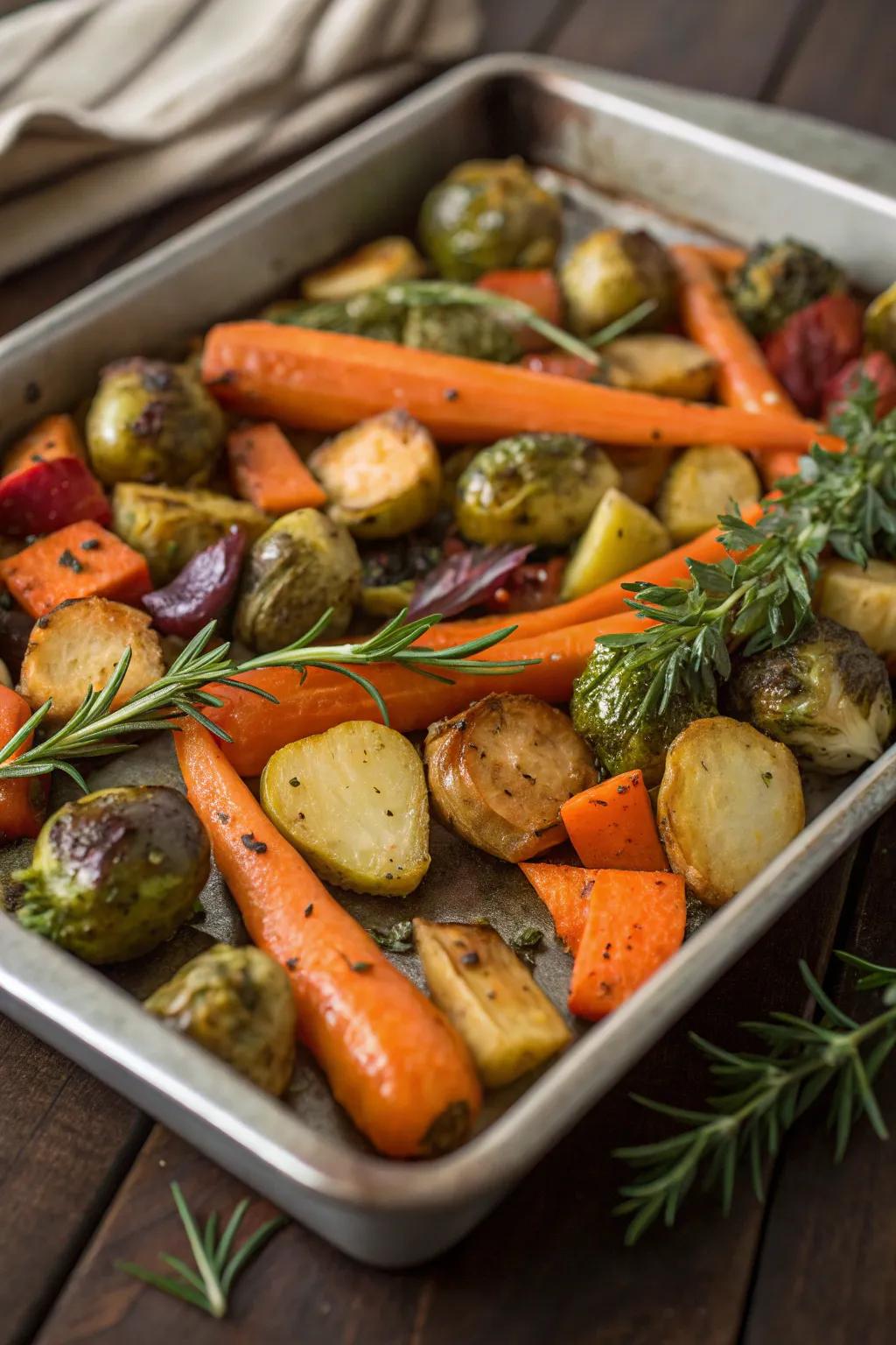 A mixed roast vegetables dish that adds flavor and color to the table.
