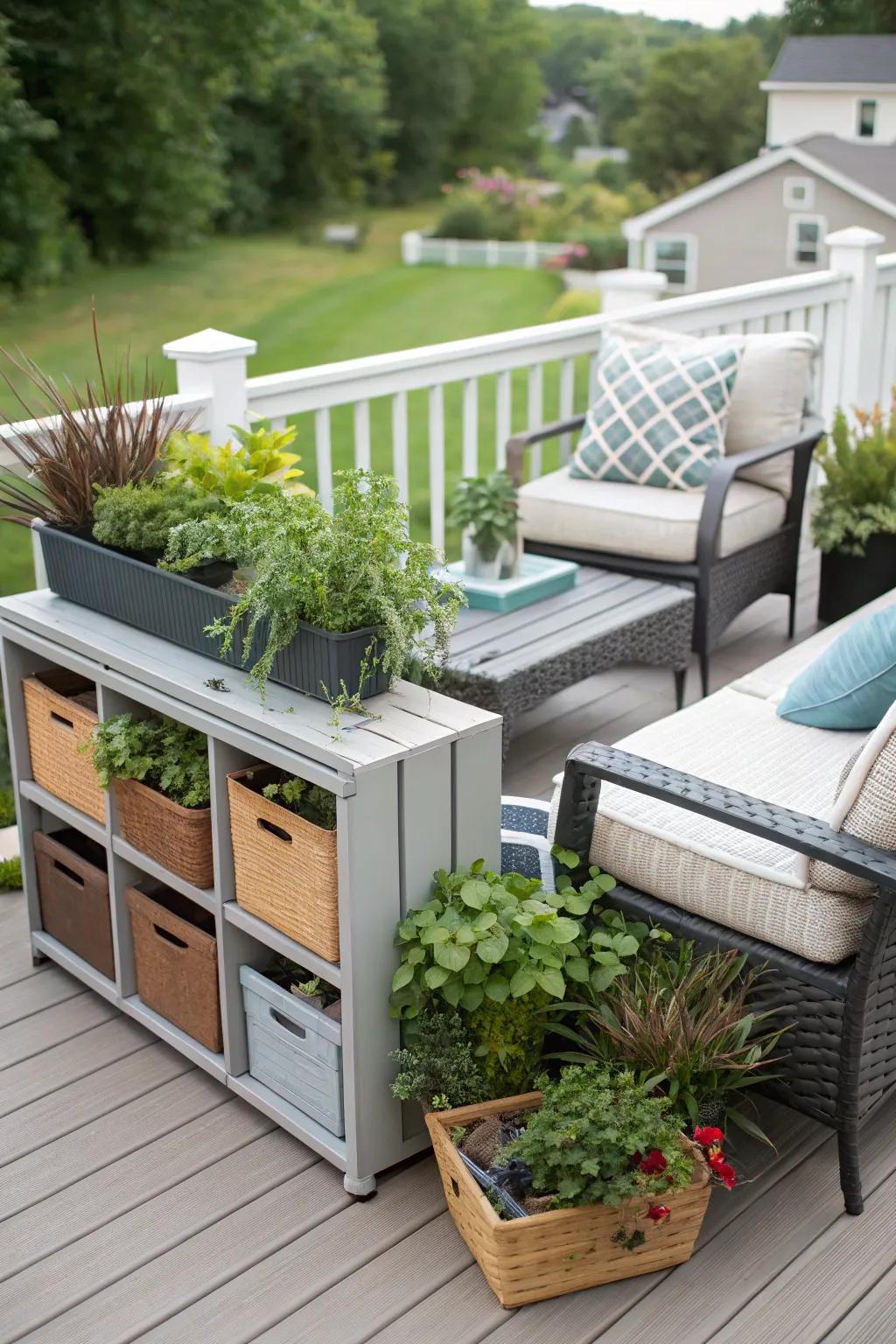 A thoughtfully arranged deck maximizes restricted space.