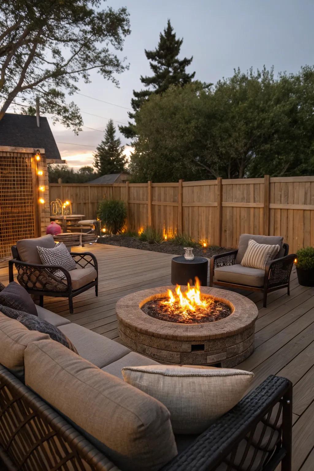 A bonfire pit invites warmth and conversation.
