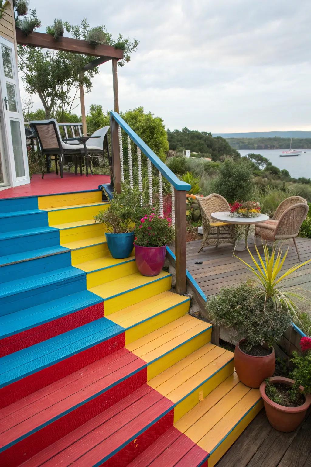 Deck steps that use strong colors for a lively design