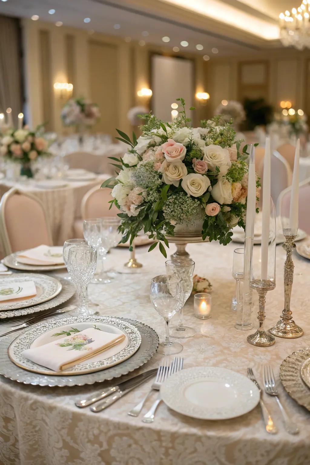 A sophisticatedly arranged table featuring elaborate showpieces at a ceremony.