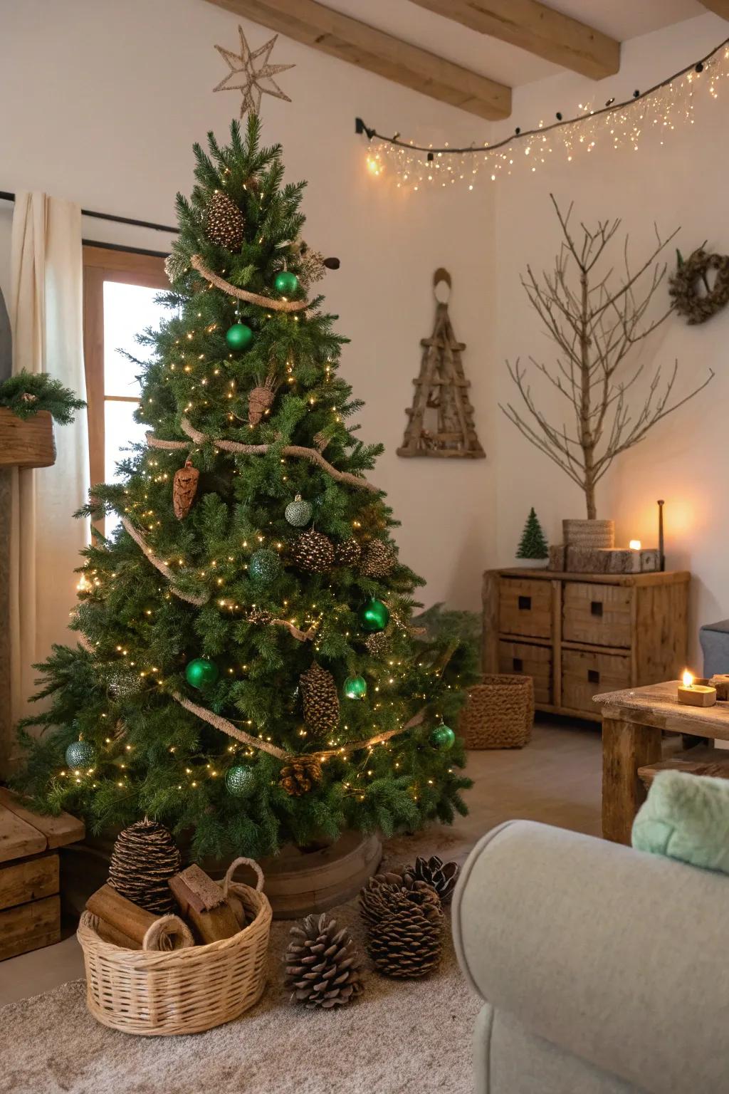 A woodland dream Yuletide tree using verdant lights and woodland decorations.