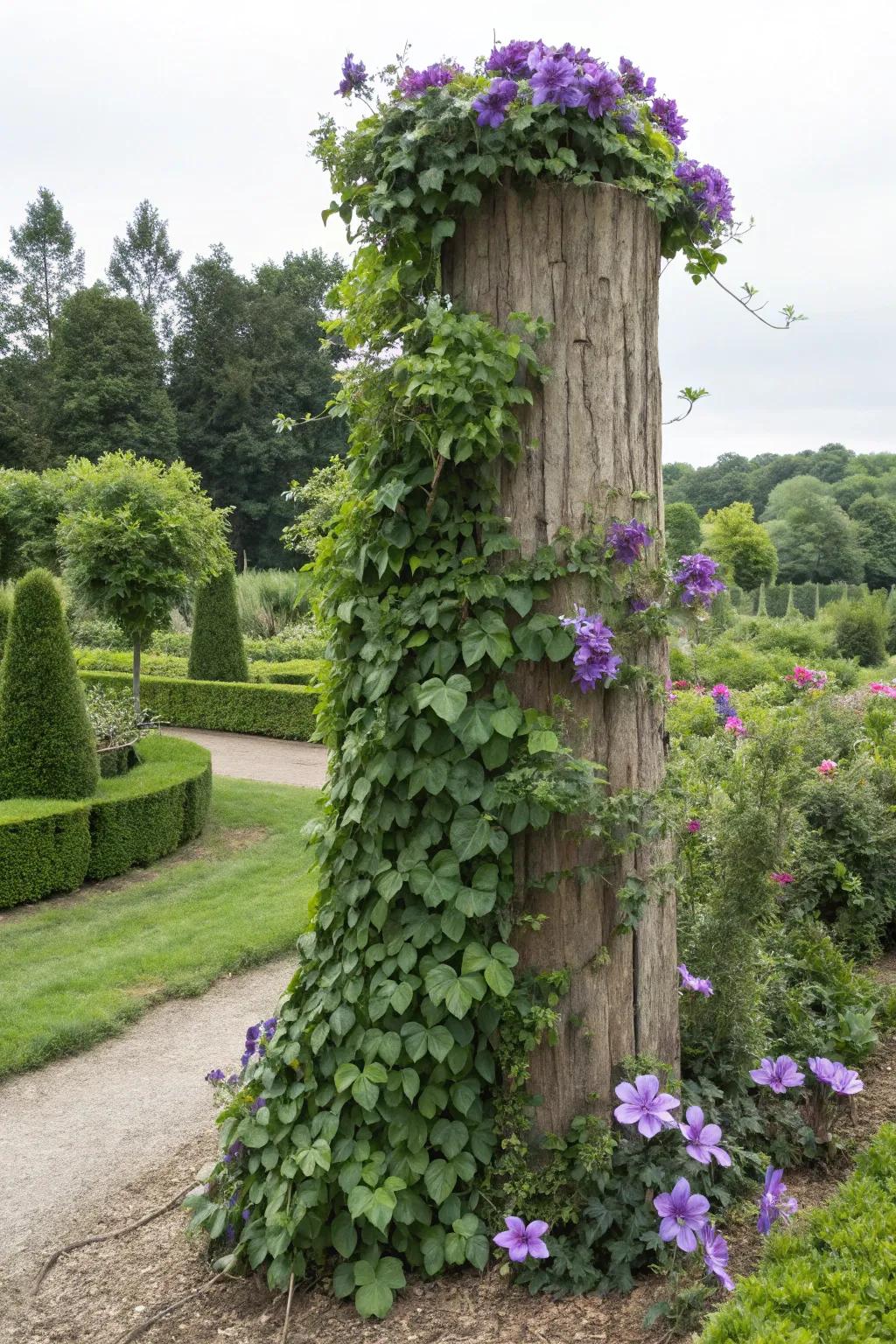 Create a vertical garden with climbing plants on a tree stump.