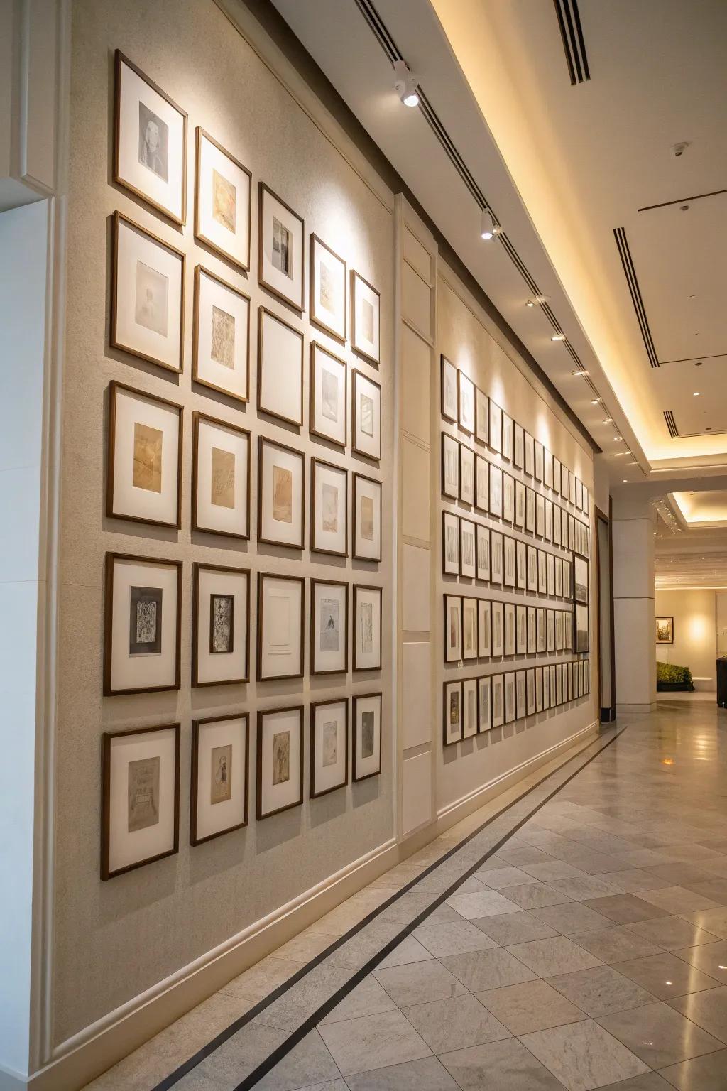 Frames in a symmetrical grid design offer a clean and elegant decorating style.